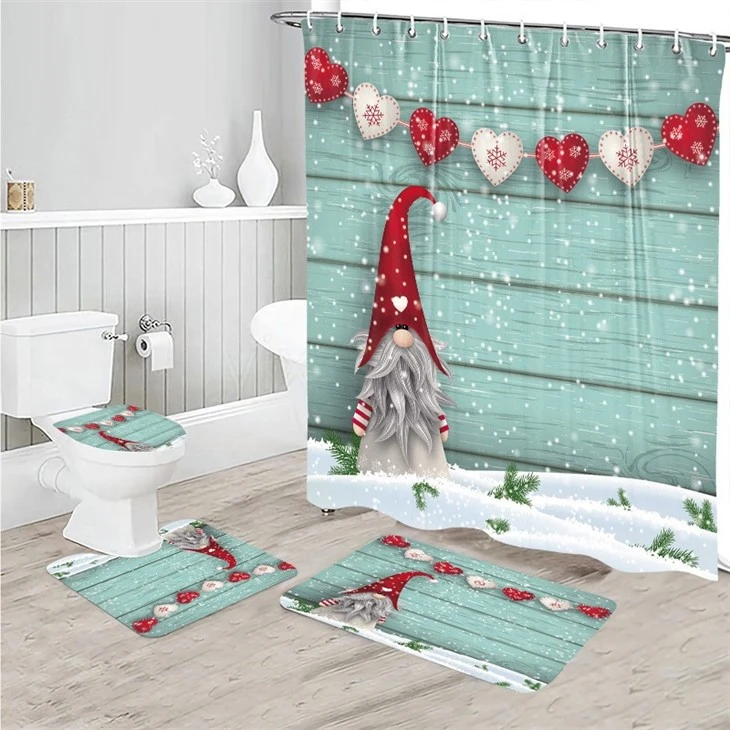 Cartoon Santa Shower Curtain Polyester Waterproof Bathroom Curtain Carpet Floor Mat Shower Curtain Four-piece Set