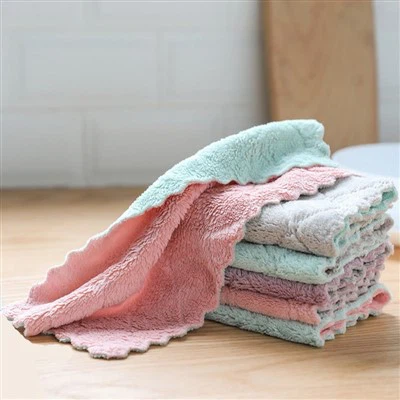 منشفة مطبخ ذات لون عادي غير زيتية لغسل الأطباق، قماش تنظيف منزلي مزدوج من المخمل المرجاني